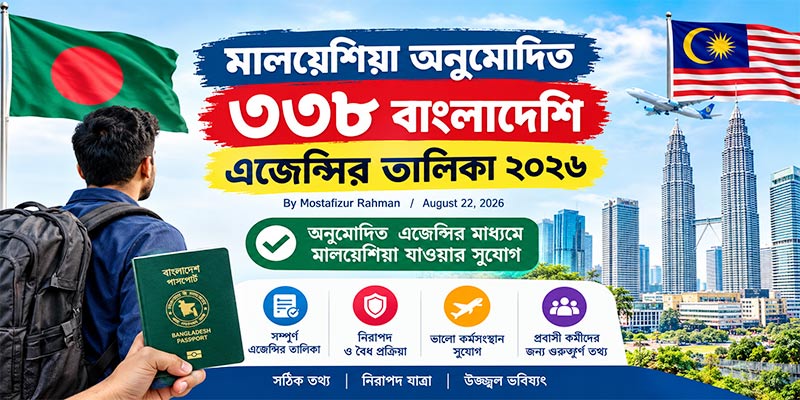 মালয়েশিয়া অনুমোদিত ৩৩৮ বাংলাদেশি এজেন্সির তালিকা ২০২৬ By Mostafizur Rahman / August 22, 2026 সম্প্রতি মালয়েশিয়ায় বাংলাদেশ থেকে কর্মী পাঠানোর প্রক্রিয়ায় বাংলাদেশের ৩৩৮ টি রিক্রুটিং এজেন্সিকে অনুমোদন দেওয়া হয়েছে। এ সিদ্ধান্তের ফলে অনুমোদিত এসব এজেন্সির মাধ্যমে বাংলাদেশি কর্মীদের মালয়েশিয়ায় যাওয়ার সুযোগ তৈরি হয়েছে। বিদেশে যেতে আগ্রহী কর্মীদের জন্য মালয়েশিয়ায় কর্মী পাঠানোর অনুমোদিত বাংলাদেশি এজেন্সি তালিকা তাই বর্তমানে অত্যন্ত গুরুত্বপূর্ণ। কোন কোন এজেন্সি অনুমোদন পেয়েছে, তাদের নাম ও সংশ্লিষ্ট RL নম্বরসহ বিস্তারিত তথ্য এই প্রতিবেদনে তুলে ধরা হয়েছে। মালয়েশিয়া অনুমোদিত ৩৩৮ বাংলাদেশি এজেন্সির তালিকা প্রথম ধাপে মালয়েশিয়া অনুমোদিত ২৫ বাংলাদেশি এজেন্সি তালিকা: ক্রম এজেন্সির নাম RL Contact Contact Person Designation Address ১ Bangladesh One Overseas Ltd 1781 01726835003, 01714130025 Mr. Abdus Salam Managing Director House No.-92 (3rd Floor), New Airport Road, Kakoli, Banani, Dhaka-1213 ২ Bengal Human Resources Development 1479 01674778788, 01793692680 Mr. Md. Mosharof Hosen Proprietor Park Plaza, Suite-N10 (10th Floor), Plot-31, Road No.-17, Banani C/A, Dhaka-1213 ৩ General Trading Company 320 1711642259 Mr. Mohd. Khalilur Rahman Proprietor 204, Shahid Sayed Nazrul Islam Sharani, 89 (12/B), Bijoy Nagar, Aziz Co-operative Market, 4th Floor, Dhaka-1000 ৪ M/S United Gulf Services 1036 1709990751 Mrs. Laila Arjuman Banu Proprietor Plot No.-19, Block-A, Amulia Model Town, Demra, Dhaka-1360 ৫ Annesa Air International 1786 1706068921 Mr. Md. Rabbi Chowdhury Managing Partner 48-AB, Baitul Khair (9th Floor), Purana Paltan, Dhaka-1000 ৬ Att-Taqwa Overseas Ltd 1703 1715363575 Mr. Md. Rayhan Kabir Managing Director Suite No.-G-1002, Level-10, Al-Razi Complex, 166/167, Shahid Syed Nazrul Islam Sarani, Purana Paltan, Dhaka-1000 ৭ Earth-Smart Bangladesh Ltd 1486 01712395304, 01711667525 Mr. Md. Mahfuzur Rahman Managing Director 167, Circular Road, Eden Building, 1st Floor, Motijheel C/A, Dhaka-1000 ৮ Khan Jahan Ali Overseas 1398 1713006167 Mr. Md. Zafar Khandaker Managing Partner Tower-A, 4th Floor, Plot No.-13, Road No.-17, Banani Commercial Area, Banani, Dhaka-1213 ৯ M/S Al-Shupto Overseas 580 01713334614, 01911340275 Mr. Farid Ahmed Mazumder Proprietor 66/A, Naya Paltan, 9th Floor, Shama Complex, Dhaka-1000 ১০ Motherland Overseas Ltd 1731 01715185142, 01912042561 Mr. Monir Ahmed Managing Director 158, DIT Extension Road, Fakirapool, Dhaka-1000 ১১ Rifa International 693 1819257339 Mr. Shakhawat Ullah Managing Partner 2/C, Purana Paltan, Shawon Tower (11th Floor), Dhaka-1000 ১২ Vely Trade International 1268 01953865001, 01914208260 Mr. Md. Jahirul Islam Proprietor 14, Rajuk Avenue, Rubel Mansion, 3rd Floor, Motijheel, Dhaka-1000 ১৩ A-Plus International 1082 01713067459, 01705500006 Mr. Mohammed Abdul Mannan Managing Partner H-79, Block-M/1, Sikder Plaza, 3rd Floor, Bir Uttam Ziaur Rahman Road, Banani, Dhaka-1213 ১৪ Al-Hayat Overseas 1154 1713515374 Mr. Md. Alaluddin Kabir Proprietor Baitul Abed, 53, Purana Paltan (8th Floor), Dhaka-1000 ১৫ Bhaluka Overseas 2069 01726151725, 01714132084 Mr. Md. Abu Sohag Khan Proprietor House No.-842, Vatulia, DNCC-54, Turag, Uttara, Dhaka-1230 ১৬ Brothers Trading & Contracting Ltd 671 01974295857, 01714295857 Mr. Md. Shahidul Islam Khan Nannu Managing Director 58, Kamal Ataturk Avenue, Hossain Chamber, 3rd Floor, Banani, C/A, Dhaka-1213 ১৭ Chandpur International 2044 01610883550, 01710883550 Mr. Md. Shahajalal Managing Director 67/1, Paltan China Town, East Tower, 10th Floor, Room No.-10/4, Naya Paltan, Dhaka-1000 ১৮ Country Employment Agency 1197 01764050375, 01778202435, 01325774271 Mr. Anisur Rahman Proprietor Ziabag, Moinartek, Uttarkhan, Uttara, Dhaka-1230 ১৯ Goodness Services Limited 2068 1720681168 Mr. Md. Sayful Islam Managing Director 67, Nayapaltan, City Heart Centre (Level-10), Paltan, Dhaka-1000 ২০ Jewel Rinku Enterprise 1776 01713507169, 01611113090 Mr. Md. Rezaul Karim Managing Director 1318, Ziabag, Moynertek, Uttar Khan, Uttara, Dhaka-1230 ২১ M/S Satkhira International 997 01712042311, 01314043226 Mr. Sk. Nazrul Islam Proprietor Baitul Abed, 7th Floor, Room No.-702, 53, Purana Paltan, Dhaka-1000 ২২ Mangrove Career Link 1756 01708555502, 01795341123 Ms. Sabiha Sultana Managing Partner Shatabdi Centre, Suite No.-11/B-1, Level-11, 292, Inner Circular Road, Fakirapool, Motijheel, Dhaka-1000 ২৩ Neighbour Associates Ltd 746 01819136782, 01768043006 Mr. Kazi Md. Tajul Islam Managing Director W-8/5, Level-8, Paltan China Town, 67/1, Naya Paltan, Dhaka-1000 ২৪ Tania Trade International 436 1713017306 Mr. Mohd. Samiul Haque Samim Managing Director 15/B, 1st Colony, Mirpur, Dhaka-1212 ২৫ The Anchor Care Global Migration 1765 01300474167, 01904124612 Mr. Md. Masudur Rahman Chairman House No.-21, Road No.-01, Savar DOHS, Ashulia, Savar, Dhaka-1341 দ্বিতীয় ধাপে মালয়েশিয়া অনুমোদিত বাংলাদেশি এজেন্সি তালিকা: No. Recruitment Agent RL Number / Status ২৬ Rupsha Overseas Ltd. RL 0015 ২৭ Star International RL 0050 ২৮ Arabian Gulf Associates Co. Ltd RL 0051 ২৯ Ahmed & Company (Pvt.) Ltd. RL 0081 ৩০ R.S. Linkers Ltd RL 0096 ৩১ AL Islam Overseas RL 0106 ৩২ Central Overseas RL 0112 ৩৩ G.P. International Ltd. RL 0126 ৩৪ Rahmania Corporation RL 0176 ৩৫ Yambu Trade International RL 0192 ৩৬ Saiful Enterprise RL 0198 ৩৭ Famous Overseas Ltd RL 0231 ৩৮ Matco Enterprise RL 0250 ৩৯ Nisha Overseas RL 0251 ৪০ Mohona Overseas RL 0269 ৪১ Al-Mahmud Trade International RL 0291 ৪২ Surma International Ltd. RL 0299 ৪৩ Desert Life International Ltd. RL 0337 ৪৪ H.M. Enterprise RL 0365 ৪৫ Career Overseas Consultants Ltd. (COC) RL 0403 ৪৬ The Turki Associate Ltd. RL 0424 ৪৭ Uzan Trading Corporation RL 0427 ৪৮ Al-Marjuq Overseas Ltd. RL 0451 ৪৯ Sama Overseas RL 0453 ৫০ H.A. International RL 0469 ৫১ T.M. Overseas RL 0498 ৫২ Tower Trade International Ltd. RL 0499 ৫৩ Protik Travels & Tourism Ltd. RL 0506 ৫৪ Bon Voyage Travels & Overseas (Pvt.) Ltd. RL 0509 ৫৫ Al Mobarak International RL 0542 ৫৬ M/S Hannan Brothers Pvt. LTD. RL 0552 ৫৭ Reem Overseas Ltd. RL 0558 ৫৮ The National Overseas Services RL 0608 ৫৯ Al-Mamun Overseas RL 0629 ৬০ Pritom International RL 0654 ৬১ Brahman Baria Overseas RL 666 ৬২ Jams Travels & Tours RL 0668 ৬৩ Makka Tours & Travels RL 0676 ৬৪ Jahara International RL 0685 ৬৫ Al-Noor International RL 0689 ৬৬ Air Connection Overseas Ltd. RL 0716 ৬৭ Tazba International RL 729 ৬৮ Holy Overseas Ltd. RL 0750 ৬৯ Morshed Momen Overseas Ltd RL 0755 ৭০ Star Manpower Service RL 0760 ৭১ M/S Salman Overseas RL0765 ৭২ Star Line Associate RL 0776 ৭৩ Ratul Trading Overseas RL 0777 ৭৪ Memorial Overseas RL 0784 ৭৫ Arakan International RL 0787 ৭৬ A.M. Air Travels Ltd. RL 0796 ৭৭ Mahe Business Ltd. RL 0802 ৭৮ Bangladesh Export Corporation RL 0803 ৭৯ Maxim Trade & Co. RL 0809 ৮০ Amir Aviation Limited RL 0840 ৮১ Faith Air International Ltd. RL 0842 ৮২ Noman Associates Ltd. RL 0854 ৮৩ Musa International RL 0857 ৮৪ Shahena Tours & Travels RL 0896 ৮৫ Shimon Overseas RL 0922 ৮৬ Purabi International RL 0930 ৮৭ Hasan International RL 0942 ৮৮ Al-Shafi Internaitonal Ltd RL 0944 ৮৯ Mast H.R RL 0957 ৯০ Visa International RL 0963 ৯১ East West Human Resource Center Ltd. RL 0980 ৯২ Munshi Enterprise Ltd RL 0986 ৯৩ Khan Aviation RL 0990 ৯৪ Maffs Overseas Ltd RL 1007 ৯৫ Prosearch Recruitment Consultants RL 1027 ৯৬ M/S. Travel Care (Pvt.) Ltd RL 1042 ৯৭ M/S The Jamuna Overseas RL 1047 ৯৮ Atlas Employment Service LTD. RL 1053 ৯৯ M/s. Sarac Overseas RL 1055 ১০০ Al Arabian Placement Ltd. RL 1062 ১০১ Bashundhara Employment Services RL 1064 ১০২ Air Link Overseas RL 1066 ১০৩ Saad International Ltd. RL 1068 ১০৪ Max Management & Services RL 1084 ১০৫ Bdex International RL 1086 ১০৬ Khan Tours & Travels RL 1090 ১০৭ Majumder Professional Services Limited RL 1098 ১০৮ World Wide Human Resource and Placement Centre RL 1110 ১০৯ K.B.S International RL 1119 ১১০ AL Rayeen International RL 1125 ১১১ MP Travels Ltd RL 1128 ১১২ AL-Tamim Overseas RL 1130 ১১৩ Arman Air International RL 1132 ১১৪ Swapnil Associates RL 1133 ১১৫ A.V.R. Bangladesh RL 1135 ১১৬ Siddiqua Consultant RL 1147 ১১৭ Taa-Haa Recruitment Services RL 1153 ১১৮ Merchant Overseas RL 1160 ১১৯ Makka Overseas RL 3260 ১২০ BRAC Probashbandhu Limited RL 1199 ১২১ Fatema Overseas RL 1205 ১২২ Mithila Air International RL 1211 ১২৩ Al-Fateen International RL 1213 ১২৪ Gulf International RL RL 1221 ১২৫ M/S. Modhu Overseas International RL 1223 ১২৬ Samiha International RL 1232 ১২৭ M/S. Miah Overseas RL 1234 ১২৮ M/S. Al Minar Overseas RL 1235 ১২৯ South Breeze Corporation Ltd RL 1255 ১৩০ Nagar Overseas RL 1286 ১৩১ CRX Recruiting Agency Ltd. RL 1297 ১৩২ A.J. International RL 1304 ১৩৩ M/s. Peace Air Overseas RL 1313 ১৩৪ Banna Bijoy Overseas Ltd. RL 1314 ১৩৫ The Kazi Rich Overseas RL 1333 ১৩৬ Karnafully Recruiting Agency Ltd. RL 1337 ১৩৭ Al-Burooj International RL 1344 ১৩৮ Kaj Bangla Employment Service RL 1345 ১৩৯ Freedom Overseas RL 1347 ১৪০ Amir A Jahan Private Ltd RL 1351 ১৪১ M/s J S K Travels RL 1368 ১৪২ S.M. Manpower Overseas RL 1372 ১৪৩ Quader Associates RL 1379 ১৪৪ H.P. Overseas Ltd. RL 1388 ১৪৫ Nur-A Recruiting Agencies Ltd RL 1389 ১৪৬ M/s Masud Jamil Overseas RL 1400 ১৪৭ Al Tareq Overseas RL 1403 ১৪৮ Zakir Air International RL 1409 ১৪৯ T-20 Overseas Ltd. RL 1415 ১৫০ Ms. K.S Overseas RL 1422 ১৫১ Nusrat International RL 1429 ১৫২ Aroma M.M. International Ltd. RL 1431 ১৫৩ Alliance Overseas RL 1433 ১৫৪ Maa Air International Ltd. RL 1436 ১৫৫ BEC Travels Network RL 1442 ১৫৬ Sherpur International RL 1445 ১৫৭ M/S Al Modina International RL 1460 ১৫৮ H.A.M International RL 1487 ১৫৯ Amin And Son’s International RL 1488 ১৬০ Elaf Overseas ltd RL 1492 ১৬১ Zaafira Human Development LTD. RL 1496 ১৬২ Tahmid International RL 1502 ১৬৩ S. A. Overseas RL 1519 ১৬৪ T.K. Enterprise RL 1527 ১৬৫ Amco Enterprise Limited RL 1537 ১৬৬ Al-Araf International RL 1540 ১৬৭ SM Nafiz Overseas RL 1543 ১৬৮ Ariyan Trade International Ltd. RL 1550 ১৬৯ Sheba Consultancy RL 1560 ১৭০ A.S. Mirza Gazi Overseas RL 1581 ১৭১ Mina Air International Ltd. RL 1584 ১৭২ The J K Overseas Ltd RL 1591 ১৭৩ Noakhali Overseas Ltd. RL 1602 ১৭৪ Nusaiba Trade International RL 1612 ১৭৫ Al-Aziz International Ltd RL 1618 ১৭৬ Manforce Bangladesh RL 1631 ১৭৭ Chowdhury Air International RL 1642 ১৭৮ Alam Overseas Limited RL 1647 ১৭৯ Easy Way International Ltd. RL 1649 ১৮০ Sound Lines RL 1651 ১৮১ Falgun Overseas Limited RL 1657 ১৮২ World Vision Overseas Ltd. RL 1688 ১৮৩ Al Hamja Overseas Ltd. RL 1690 ১৮৪ Caplan International RL 1697 ১৮৫ Liberty Trading Corporation Ltd. RL 1700 ১৮৬ The Highway International RL 1701 ১৮৭ Monika Travels International Ltd. RL 1708 ১৮৮ M Abedin Overseas Ltd. RL 1716 ১৮৯ Ali Aviation Services RL 1723 ১৯০ A Jharna Trade International RL 1726 ১৯১ Dream Aviation Limited RL 1740 ১৯২ Raindrop Power BD RL 1744 ১৯৩ Explorer Overseas Ltd. RL 1745 ১৯৪ ABD Air International Ltd. RL 1751 ১৯৫ Bhuiyan Employment RL 1753 ১৯৬ T S Overseas Ltd. RL 1755 ১৯৭ ABS International RL 1771 ১৯৮ Fama Air Service RL 1775 ১৯৯ Travel House Export International RL 1789 ২০০ Mother Love Air Travels RL 1811 ২০১ F.N.M. Air International Ltd. RL 1879 ২০২ M.A. Aziz Trading Corporation RL 0035 ২০৩ Lucky International RL 0044 ২০৪ Bengal Consultants Ltd. RL 0079 ২০৫ Coxs Bazar Overseas RL 0085 ২০৬ Hoque Overseas Ltd. RL 0087 ২০৭ Khawaja Paribahan Sangsta RL 0098 ২০৮ Western Business Alliance Ltd RL 0173 ২০৯ MCO Trading International (Pvt.) Ltd. RL 0255 ২১০ Mahbub International Agencies RL 0286 ২১১ Abdullah Trading Establishment Ltd RL 0330 ২১২ Metro Trade International RL 0374 ২১৩ Okistar (Bangladesh) Co. RL 0393 ২১৪ Polytrade International Ltd. RL 0404 ২১৫ Al-Dushary Enterprise RL 0420 ২১৬ Al-Samit International Ltd. RL 0474 ২১৭ M/s. Orchid View Ltd. RL 0477 ২১৮ Al-Purbasha Enterprise RL 0502 ২১৯ Mary Gold International RL 0507 ২২০ Meum Overseas RL 0528 ২২১ Azam Overseas RL 0535 ২২২ Perfect International RL 0592 ২২৩ Moon Air International RL 0593 ২২৪ Orbit Consultant RL 0597 ২২৫ Nation Wide RL 0599 ২২৬ M/S. Heaven Overseas Ltd. RL 0600 ২২৭ N.A. Falcon International Ltd. RL 0617 ২২৮ A.B. Establishment Ltd. RL 0618 ২২৯ Al-Jahangir Establishment RL 0669 ২৩০ S.M. Aroma International RL 0679 ২৩১ Sasco International RL 0695 ২৩২ Jaber International RL 0723 ২৩৩ Just Way Aviation Ltd RL 0726 ২৩৪ The Bangladesh Development Associates RL 0735 ২৩৫ Kabir Overseas RL 0763 ২৩৬ Emon Employment Services RL 0773 ২৩৭ Al-Imran International RL 0780 ২৩৮ Akhwan Trade International Ltd. RL 0797 ২৩৯ Al-Samara International RL 0841 ২৪০ Ismail Recruiting House RL 0864 ২৪১ Oasis Trade Ltd. RL 0908 ২৪২ Union Overseas Employment & Training Ltd. RL 0924 ২৪৩ Al-Saad Labour Supply RL 0939 ২৪৪ M.M. Consultants Ltd RL 0970 ২৪৫ M/S Amar Desh RL 0978 ২৪৬ M/S Airway International RL 1016 ২৪৭ Soul Associate RL 1037 ২৪৮ M/S. Nasir Aviation Services RL 1038 ২৪৯ MashAllah Overseas RL 1039 ২৫০ Eastern Resource Management Services Ltd RL 1057 ২৫১ M/S Sufi International LTD. RL 1085 ২৫২ Jihan Overseas Ltd.) RL 1104 ২৫৩ Suvro International Trade & Travels (MSITT) RL 1106 ২৫৪ Al Haramine Overseas RL 1116 ২৫৫ Ms. HF Overseas Ltd RL 1131 ২৫৬ Smart Care Corporation RL 1139 ২৫৭ Imex Manpower RL 1187 ২৫৮ Future Hope International RL 1202 ২৫৯ M/s. SAM International RL 1203 ২৬০ Al Arafah Aviation RL 1224 ২৬১ M/S. Rony Overseas RL 1262 ২৬২ Multilink Manpower Recruiting Service RL 1282 ২৬৩ Mahe Overseas RL 1299 ২৬৪ Far Rai International Ltd. RL 1309 ২৬৫ M/s. Shihab Overseas RL 1319 ২৬৬ RS International RL 1428 ২৬৭ Arobic Recruitment Consultant RL 1461 ২৬৮ Ayat Overseas RL 1638 ২৬৯ SM Enterprise RL 1987 ২৭০ S Zishan Overseas RL 2114 ২৭১ The Fatiha International RL 2231 ২৭২ The Hazigonj Overseas RL 2302 ২৭৩ MCL Overseas RL 2548 ২৭৪ Shahir Overseas BD RL 2554 ২৭৫ Ethics Mercantile Limited RL 2569 ২৭৬ Bangladesh Overseas Employment Services Ltd (BOESL) RL 0147 ২৭৭ M/S Orvil International Overseas LTD. RL 1322 ২৭৮ The Rangpur Overseas RL 1325 ২৭৯ Al Jahan International RL 1331 ২৮০ Portcity International Ltd. RL 1338 ২৮১ JTC Employment Agency RL 1343 ২৮২ Asiatic Talents RL 1381 ২৮৩ Option Manpower Service RL 1384 ২৮৪ Abid Corporation RL 1416 ২৮৫ Al-Shamim Overseas Ltd. RL 1425 ২৮৬ Fast Service International Ltd. RL 1426 ২৮৭ SK Global Overseas Limited RL 1447 ২৮৮ Nazrul International Service RL 1465 ২৮৯ M/s I AM International RL 1469 ২৯০ J.J. Traders RL 1480 ২৯১ M/S Sunzida Overseas LTD. RL 1504 ২৯২ AL Wahed Manpower Services RL 1521 ২৯৩ M/S. Rayyan Overseas RL 3125 ২৯৪ Rangdhonu Overseas Ltd. RL 1544 ২৯৫ Mas Bangla Overseas RL 1553 ২৯৬ M/S. Adema Overseas Limited RL 1564 ২৯৭ Rose Office Services RL 1566 ২৯৮ Nowrin International RL 1574 ২৯৯ Haifa Corporation RL 1575 ৩০০ Chitra Trade International RL 1590 ৩০১ Al Omor recruitment RL 2752 ৩০২ Al-Toyab International Limited RL 1603 ৩০৩ Dynasty Employment International RL 1607 ৩০৪ Al-Noor Overseas RL 1613 ৩০৫ Hatiya International RL 1661 ৩০৬ Ertah International Ltd. RL 1667 ৩০৭ M/S Sheikh Abul Air International RL 1682 ৩০৮ Alpine Trade International RL 1738 ৩০৯ Dreamer Overseas RL 1747 ৩১০ S.M.D International Ltd. RL 1759 ৩১১ Ahnaf Ayat Associates Ltd. RL 1773 ৩১২ Ambition International RL 1777 ৩১৩ Shapnachura Overseas Ltd. RL 1780 ৩১৪ Bizbon International RL 1804 ৩১৫ M/S. Al Wadia International RL 1816 ৩১৬ Rajmukut Manpower Service RL 1888 ৩১৭ Rik Overseas Limited RL 1906 ৩১৮ Insight Global Overseas LTD RL 1924 ৩১৯ Care Overseas Ltd. RL 1958 ৩২০ Aqidha Overseas Ltd. RL 1969 ৩২১ Air Top Overseas RL 1979 ৩২২ Infinity HCM Ltd. RL 1981 ৩২৩ Amzad Overseas Ltd. RL 1997 ৩২৪ Azaan Business International RL 1998 ৩২৫ Ajyad LTD RL 2000 ৩২৬ TNM Fine Overseas Ltd. RL 2025 ৩২৭ Takia Overseas RL 2076 ৩২৮ Hijrat International RL 2294 ৩২৯ The Renaissance Overseas RL 2304 ৩৩০ The Nurtaj Overseas RL 2335 ৩৩১ M/S Ishraq Overseas RL 2388 ৩৩২ Tajkia Overseas RL 2404 ৩৩৩ Jahir Manpower Services RL 2475 ৩৩৪ Ovi Trade International RL 2467 ৩৩৫ AAA Trade International RL 2565 ৩৩৬ Nuton Somoy Overseas Limited RL 2571 ৩৩৭ Bright Hope Employment Service RL 2582 ৩৩৮ Triple A Overseas RL 2630 সচরাচর জিজ্ঞাসিত প্রশ্নাবলি (FAQ) ৩৩৮টি এজেন্সির বাইরে অন্য কোনো এজেন্সির মাধ্যমে মালয়েশিয়া যাওয়া সম্ভব? না। মালয়েশিয়া সরকার এবং বাংলাদেশ সরকারের দ্বিপক্ষীয় চুক্তি ও প্রক্রিয়ার অধীনে কেবলমাত্র নির্ধারিত অনুমোদিত এজেন্সিগুলোর মাধ্যমেই মালয়েশিয়ায় কর্মী প্রেরণ বৈধ। অনুমোদনহীন এজেন্সির মাধ্যমে লেনদেন করলে প্রতারিত হওয়ার ঝুঁকি থাকে। এজেন্সির মাধ্যমে পাসপোর্ট জমা দেওয়ার পর কীভাবে আবেদনের অগ্রগতি ট্র্যাক করা যায়? বিএমইটির (BMET) অনলাইন পোর্টাল অথবা ‘আমি প্রবাসী’ (Ami Probashi) অ্যাপের মাধ্যমে আপনার পাসপোর্ট নম্বর ব্যবহার করে বিএমইটি ক্লিয়ারেন্স ও ভিসার আবেদন স্ট্যাটাস সহজেই পরীক্ষা করা যায়। দালাল বা মধ্যস্বত্বভোগীদের মাধ্যমে লেনদেন করা কি নিরাপদ? একদমই না। সমস্ত যোগাযোগ ও আর্থিক লেনদেন সরাসরি লাইসেন্সপ্রাপ্ত এজেন্সির মূল কার্যালয়ে গিয়ে দায়িত্বপ্রাপ্ত কর্মকর্তার সাথে সম্পাদন করা উচিত। দালালদের মাধ্যমে লেনদেনে কোনো আইনি সুরক্ষার সুযোগ থাকে না। কোনো এজেন্সি অতিরিক্ত টাকা দাবি করলে বা প্রতারণা করলে কোথায় অভিযোগ জানাতে হবে? প্রবাসী কল্যাণ ও বৈদেশিক কর্মসংস্থান মন্ত্রণালয়ের অভিযোগ সেল, বিএমইটির (BMET) দায়িত্বপ্রাপ্ত কর্মকর্তা অথবা নিকটস্থ জেলা কর্মসংস্থান ও জনশক্তি অফিসে (DEMO) লিখিত অভিযোগ দায়ের করা যেতে পারে। উপসংহার মালয়েশিয়ার শ্রমবাজারে বাংলাদেশের ৩৩৮টি রিক্রুটিং এজেন্সির অনুমোদন বিদেশে গমনেচ্ছু হাজারও কর্মীর জন্য কাজের নতুন সুযোগ তৈরি করেছে। তবে এই প্রক্রিয়ায় সাফল্য ও নিরাপত্তা নিশ্চিত করতে সবচেয়ে বড় ভূমিকা পালন করে সচেতনতা। যাচাই-বাছাই না করে লেনদেন করা কিংবা মধ্যস্বত্বভোগীদের ওপর অন্ধবিশ্বাস প্রতারণার কারণ হতে পারে। সরকারি নিয়ম মেনে বৈধ উপায়ে, সঠিক চুক্তি সম্পাদন করে এবং অনুমোদিত এজেন্সির মাধ্যমে মালয়েশিয়া গমন নিশ্চিত করাই একজন বিদেশগামী কর্মীর জন্য সবচেয়ে নিরাপদ পদক্ষেপ।